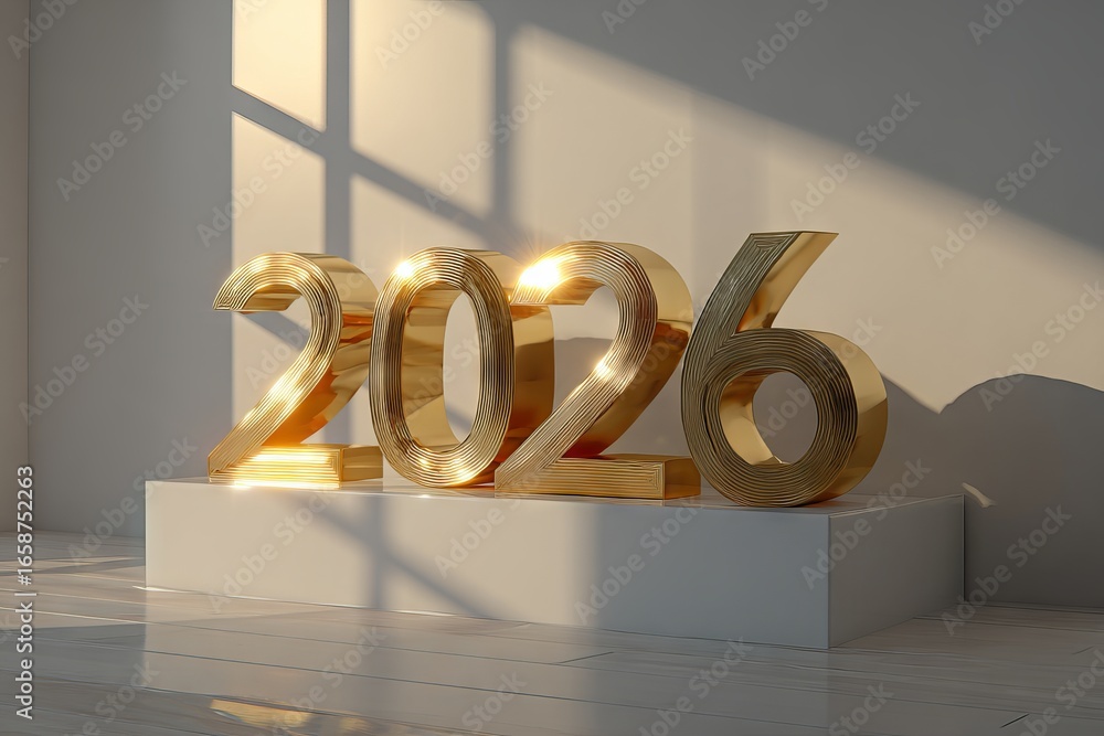 Poster golden numbers representing the year 2026 are displayed on a pedestal in a well-lit room, showcasing