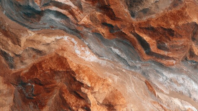 Unique aerial view of colorful rock formations along a winding river under bright sunlight in a remote desert landscape