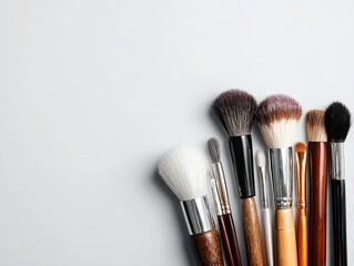 Various makeup brushes on white background with copy space 