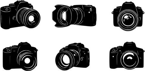 Sleek black camera silhouette with subtle lens details, modern photography logo for studios and professionals
