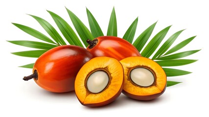 Fresh Palm Oil Fruits and Leaves on a White Background oil palm Elaeis guineensis