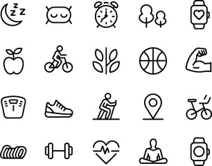 Healthy lifestyle icons set, fitness, exercise, wellness, smartwatch, nature, sleep, yoga, diet, heart health, cycling, weight, strength.