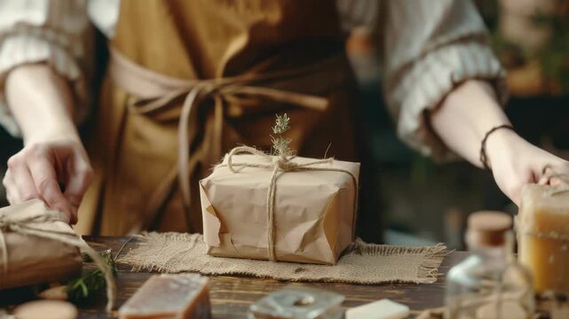 A person's hands skillfully wrapping a package with herbs and string. A rustic craft, ideal for unique gifts.