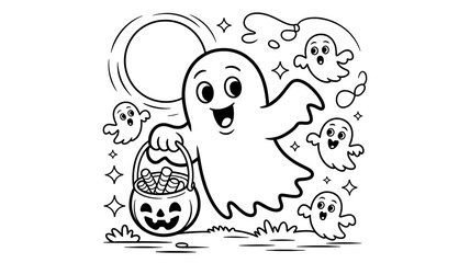 Halloween ghost with candy bucket coloring page Keywords: halloween, ghost, candy, bucket