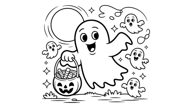 Halloween ghost with candy bucket coloring page Keywords: halloween, ghost, candy, bucket