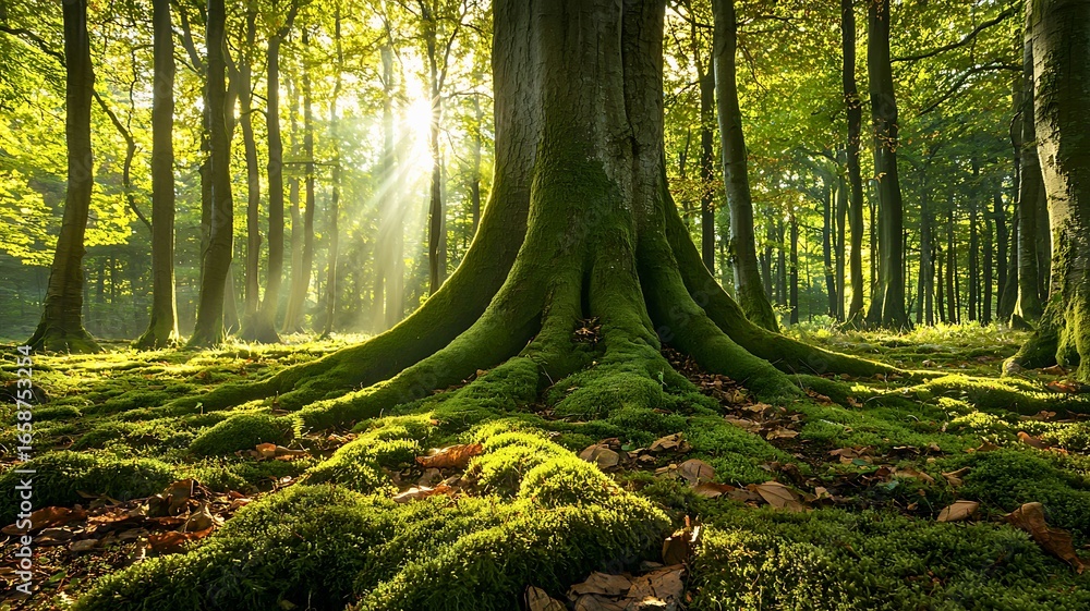 Poster sunlight filtering through the trees in a lush, green forest, illuminating the moss-covered ground a