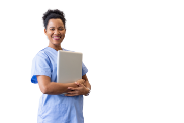 Confident healthcare worker smiling, holding laptop, representing medical technology against transparent background
