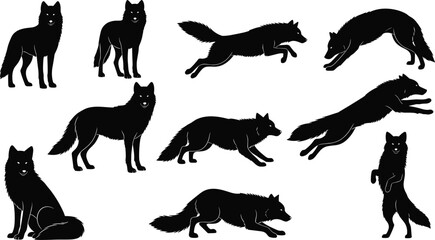 Wolf silhouette vector set, black PNG clipart, running, howling, crouching poses, wildlife icon, nature graphic, animal bundle