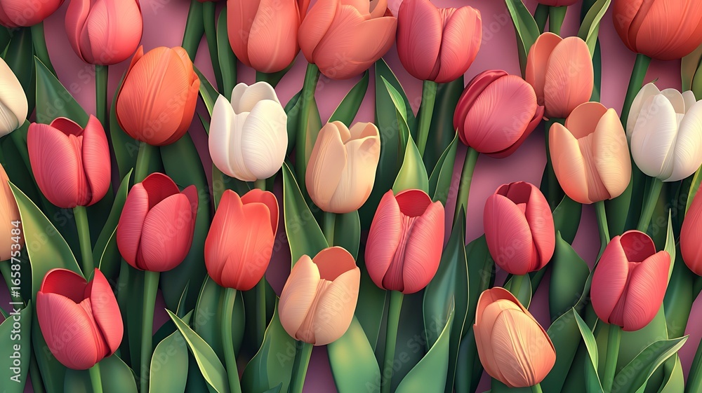 Poster a vibrant collection of blooming tulips. a beautiful display of colorful tulips, with an array of re