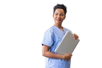 Cheerful healthcare worker gripping laptop, gazing aside, transparent backdrop highlighting medical...