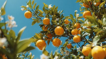 Citrus orchard in bloom with blue sky