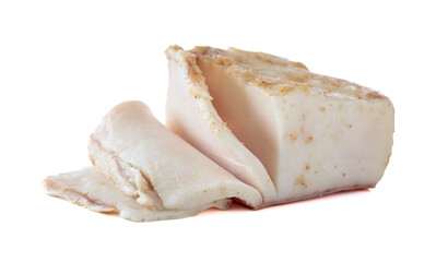 Salted lard with spices isolated on white.