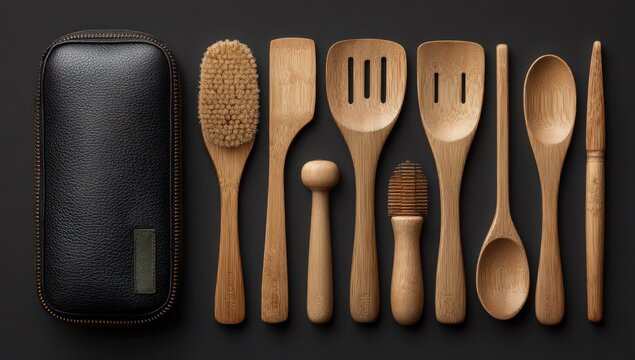 Wooden Kitchen Utensils: A curated collection of sleek, sustainable, and stylish kitchen tools, presented in a visually appealing layout on a minimalist surface.