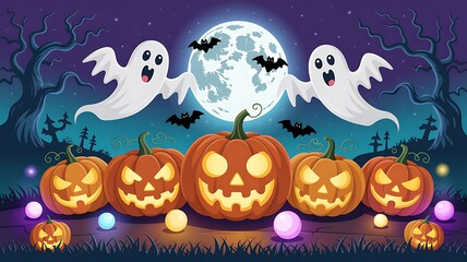 Halloween night with cheerful ghosts and carved pumpkins