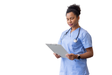 Focused healthcare worker analyzing patient notes on clipboard, demonstrating professional medical documentation process with clear background