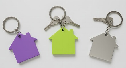 Three keychains with house shaped pendants in purple green and silver on a white background surface