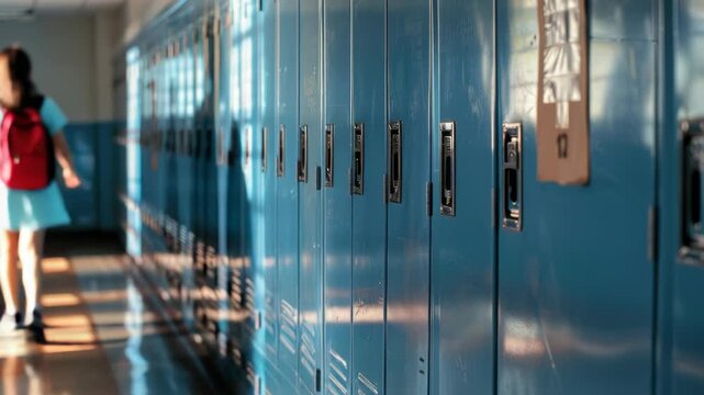 A row of blue lockers in a school hallway with lock and combination