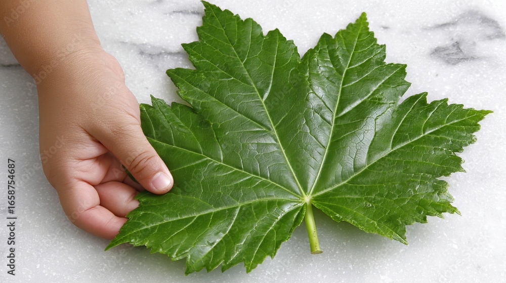 Poster hand of a child gently holding a large green leaf on a marble surface, showcasing the intricate text