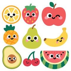 Cute Kawaii Fruit Characters Set Illustration Design