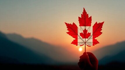 Vibrant red maple leaf with Canadian flag design held against a stunning sunset backdrop, symbolizing national pride and natural beauty in a serene landscape