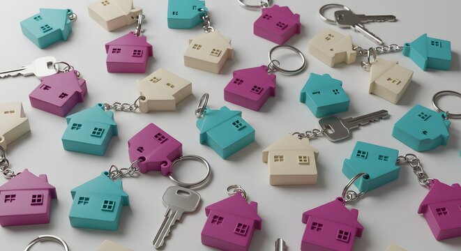 Scattered house shaped keychains in pink, blue, and beige with metal keys on a white surface view