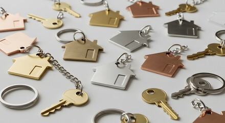 A collection of metal keys and house shaped keychains scattered on a white surface in a studio shot