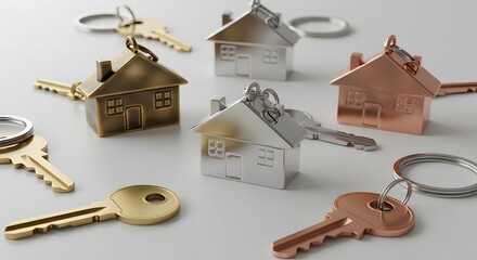 A close up shot of house shaped keychains and keys in gold silver and copper on a white surface