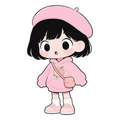 Adorable Kawaii Girl Cartoon Character in Pink Outfit