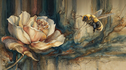 Vibrant bee approaches intricately designed flower in a surreal and colorful landscape