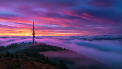 Obraz premium Sunset Tower: A majestic communication tower stands tall atop a misty mountain peak, framed by a vibrant tapestry of colors in the sunset sky.