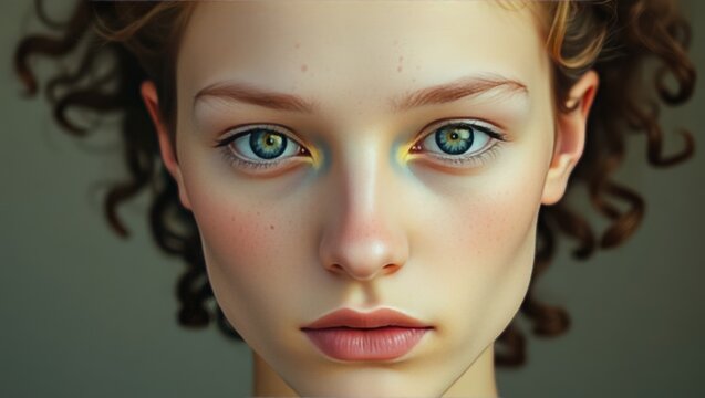 Close up portrait of a young woman with curly hair and striking blue green eyes looking directly at the viewer