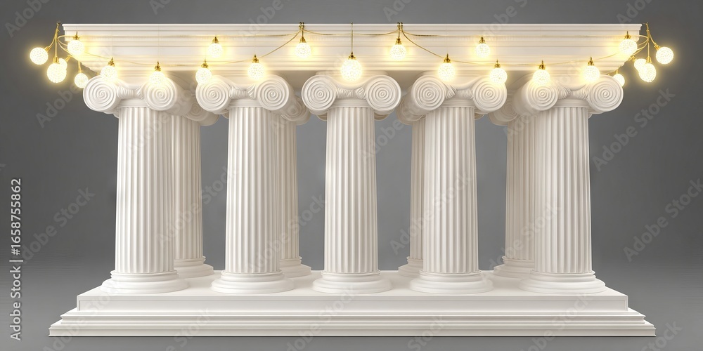 Poster classical architectural columns with decorative lighting, showcasing intricate details and elegant d