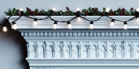 Fototapeta premium Decorative mantelpiece adorned with garland and string lights, showcasing intricate architectural details, creating a warm and inviting atmosphere for festive celebrations