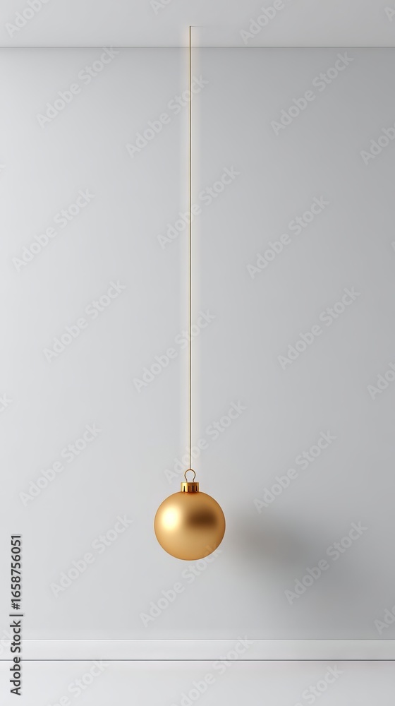 Poster golden ornament hanging from a thin string against a minimalistic white wall, creating a serene and 