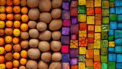 Colorful Food Display: A vibrant composition of fresh coconuts and oranges arranged artistically alongside colorful tiles, offering a rich visual display of natural foods and earthy tones.