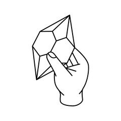 Hand holds a crystal. Magic mineral crystal. Gemstone, amethyst, ruby, sapphire, emerald, topaz and quartz. Vector illustration.