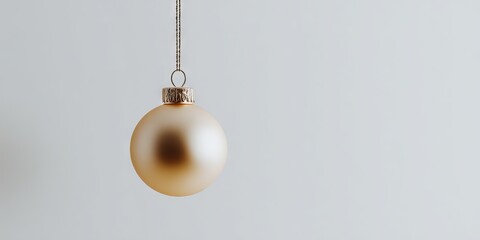 Elegant golden Christmas ornament hanging against a soft gray background, showcasing a smooth surface and reflecting light, perfect for holiday decoration and festive ambiance