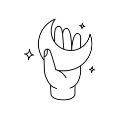 Hand holding a mystical moon. Mystical, esoteric, magic or healing moon. Mystic astrology crescent moon. Vector illustration.