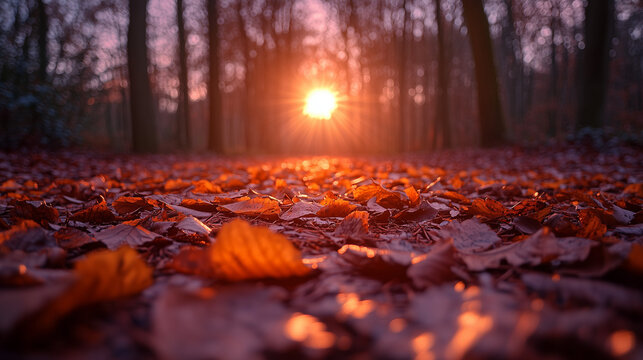 Warm sun shines brightly through the dark forest trees, illuminating a rich carpet of colorful autumn leaves covering the tranquil ground below.
