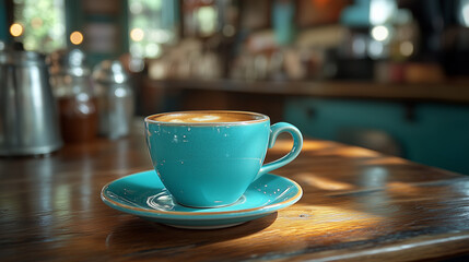Fototapeta premium A beautiful turquoise coffee cup filled with a warm latte is placed on a sunlit wooden table in a blurred cafe setting.