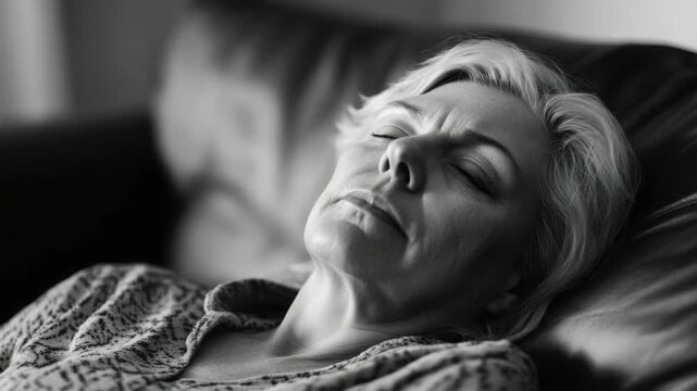 Sleepy-eyed woman resting on couch. Content expression on face. Peaceful domestic scene.