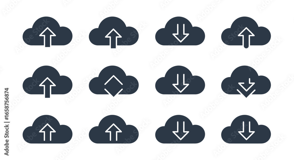 Poster set of dark grey cloud computing icons with various upload and download arrow symbols.