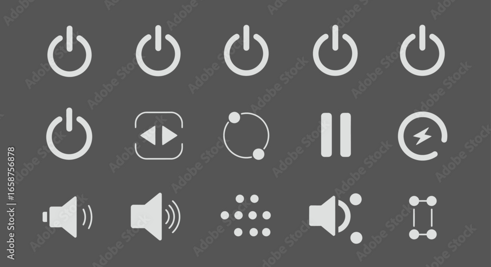Poster a collection of white flat minimalist user interface icons for media control, power, and sound funct