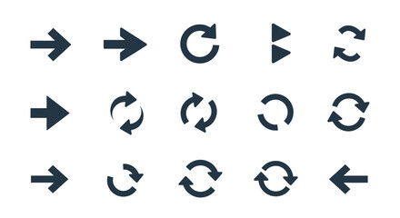 Minimalist dark grey arrow icon collection for UI design, including next, back, refresh, and sync symbols.