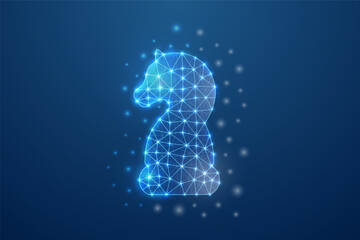 Digital glowing chess knight piece in polygonal low poly wireframe design with bright dots on dark futuristic background © Lifeking