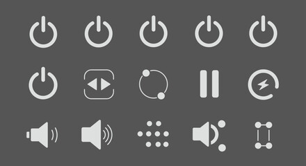 A collection of white flat minimalist user interface icons for media control, power, and sound functions.