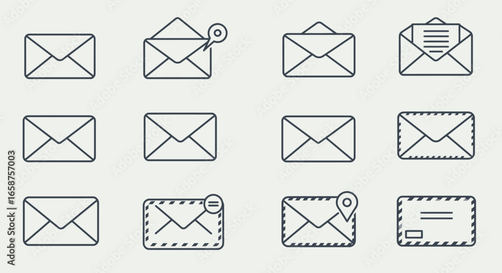Poster minimalist line art email and envelope icons set with diverse communication and notification symbols