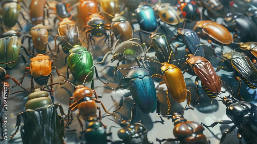 Poster a collection of vibrant insects gathered on a surface, ideal for illustrating insect-themed concepts