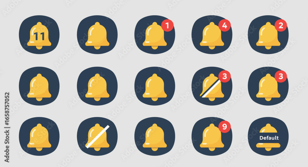 Poster vector illustration of a flat design notification bell icon set with alert counters and silent mode 