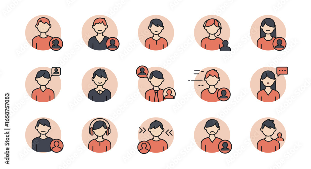 Poster set of colorful outline user avatar icons for social media, communication, and user management, show